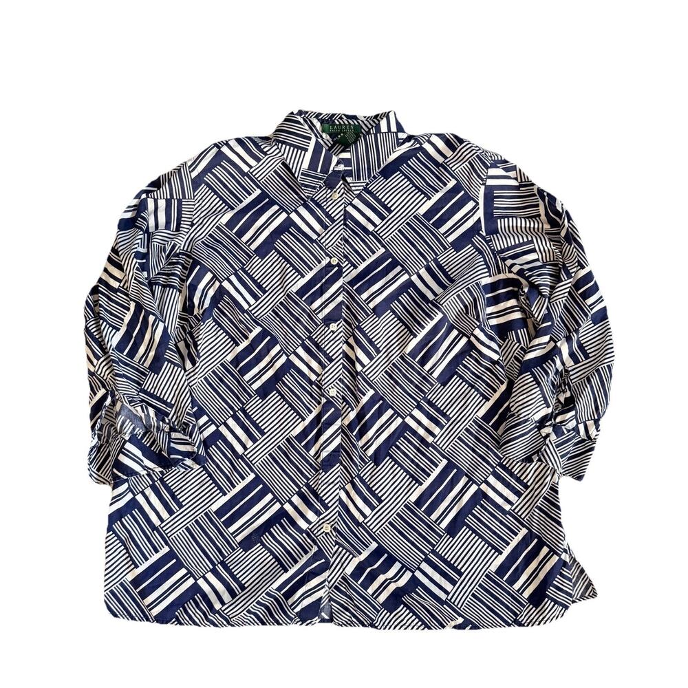 Ralph Lauren Womens Navy White Geometric Blouse Shirt Sz 1X Preppy